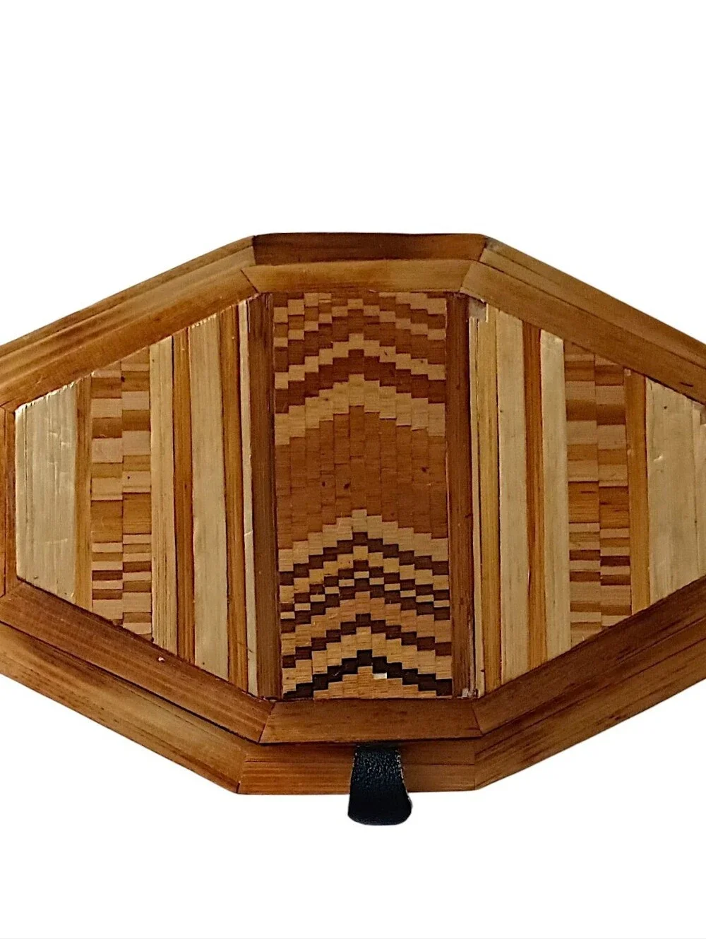 Vtg Straw Bamboo Inlaid Marquetry Trinket Jewelry Box Wood Velvet Tramp Boho